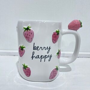 Rae Dunn White & Pink Strawberry “BERRY HAPPY”‎ Mug With Strawberry On Handle